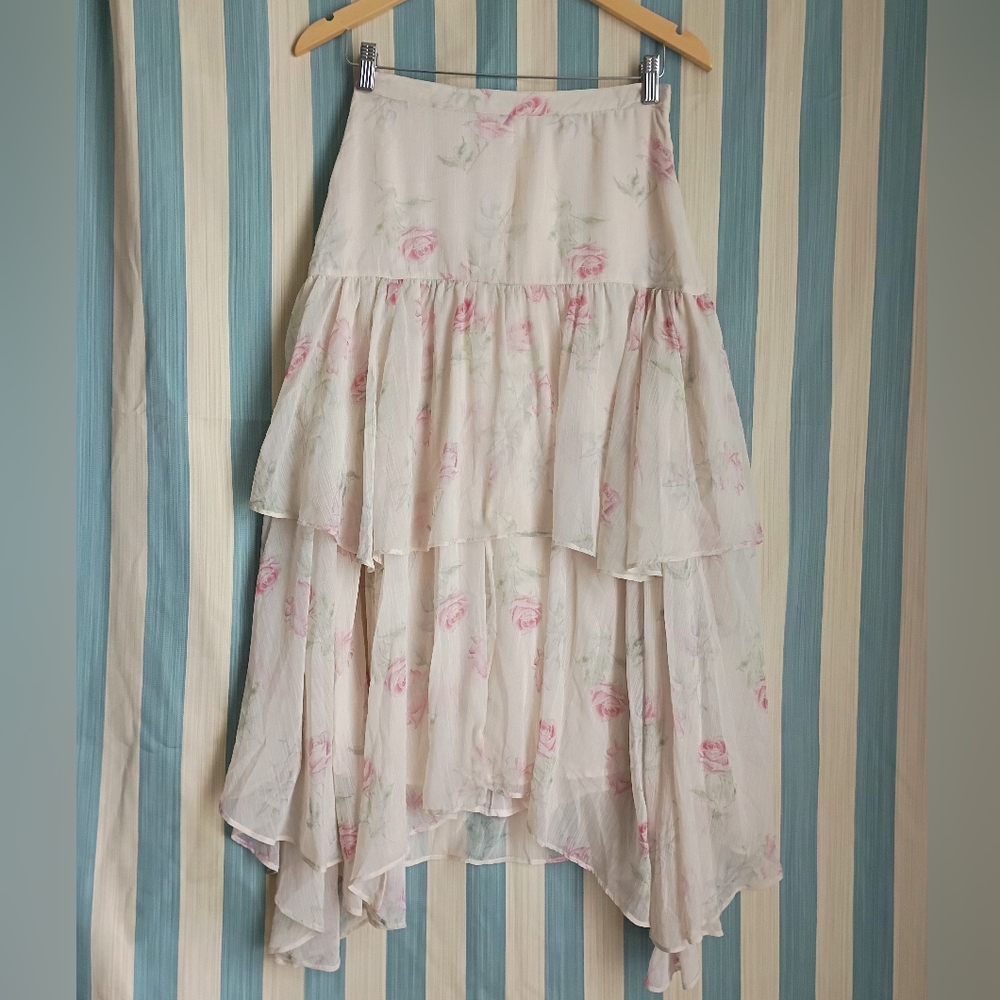 LoveShackFancy Pink and Cream Floral Midi Skirt